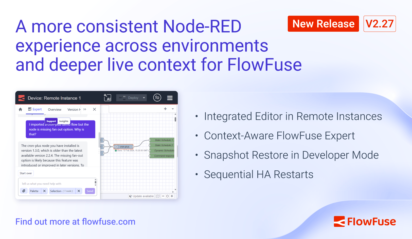 Image representing FlowFuse 2.27: Integrated Editor in Remote Instances & Context-Aware FlowFuse Expert
