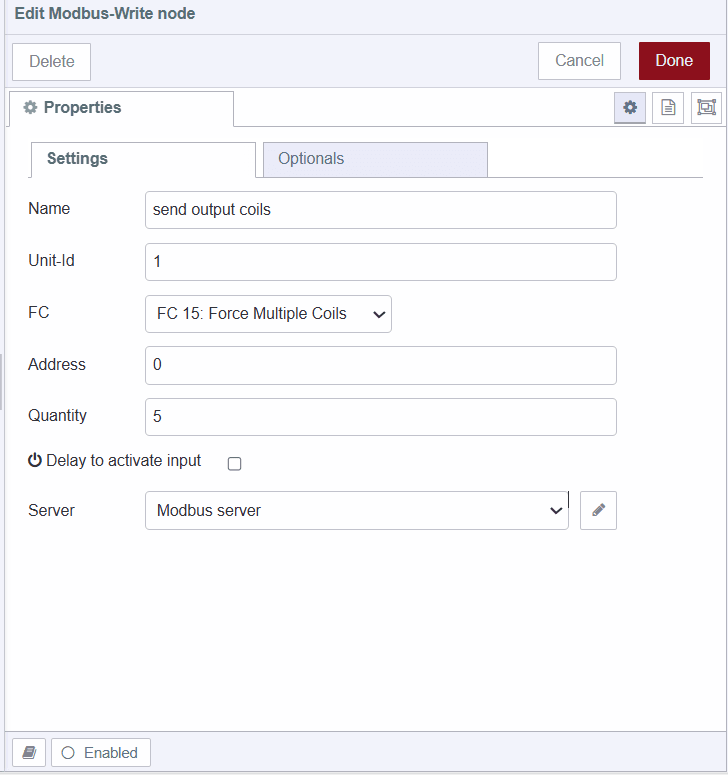 Configuring the Modbus send output coils write node